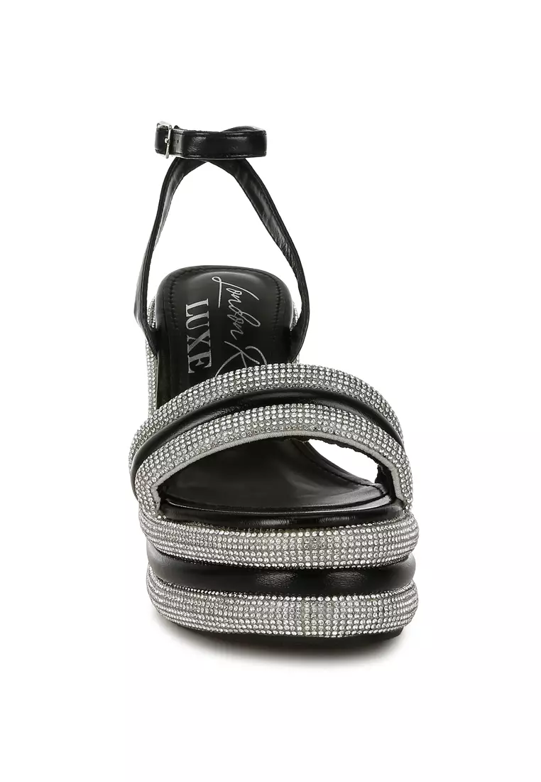 Sandal wedges bertabur berlian imitasi hitam