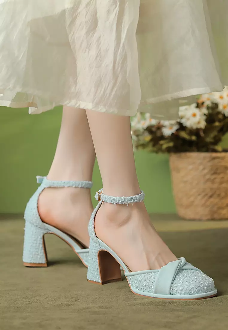 7.5CM Folded Strap Tweed Mary Jane Shoes XJ2568-10