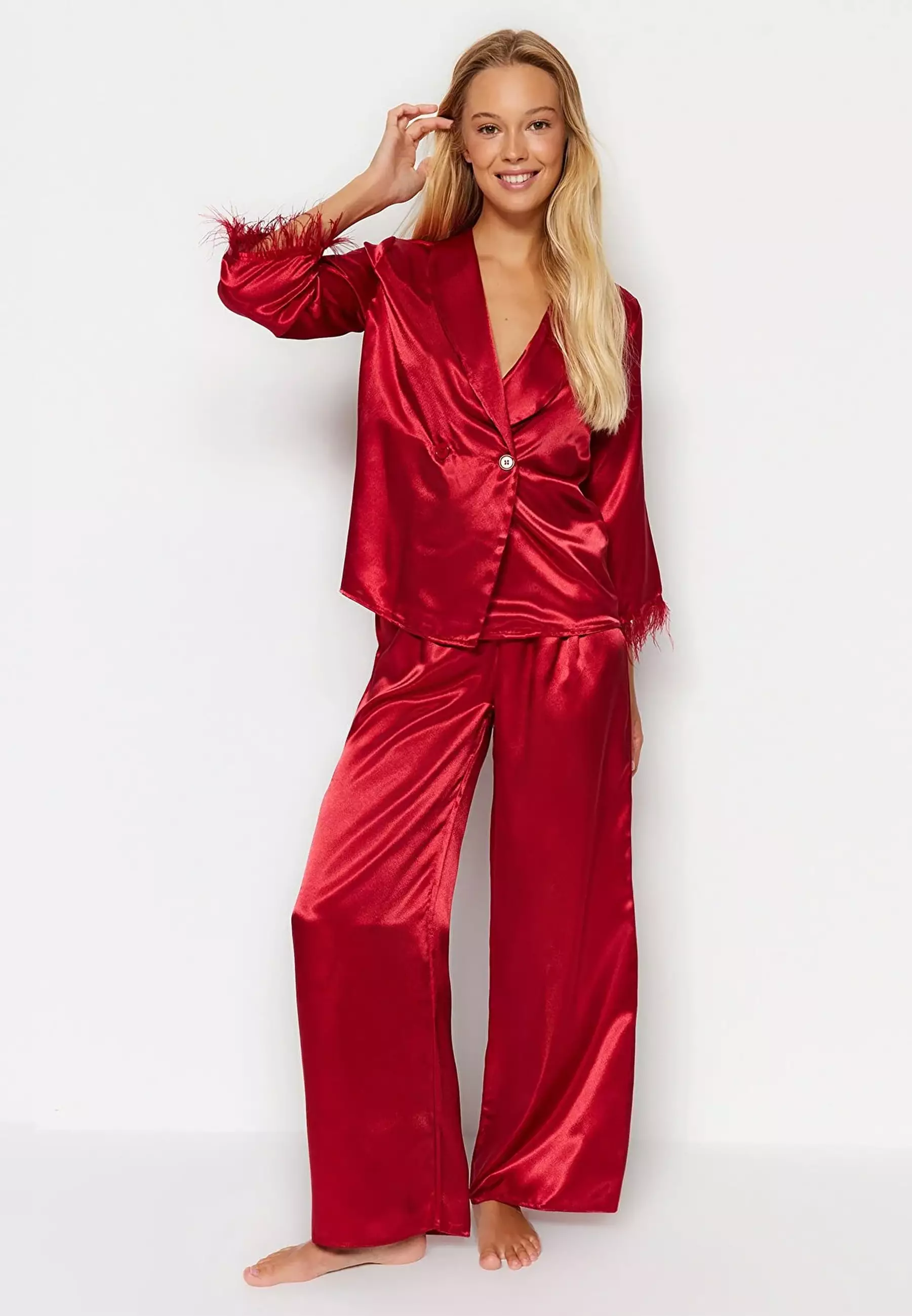 Satin Feather Pyjama Shirt and Trousers Set