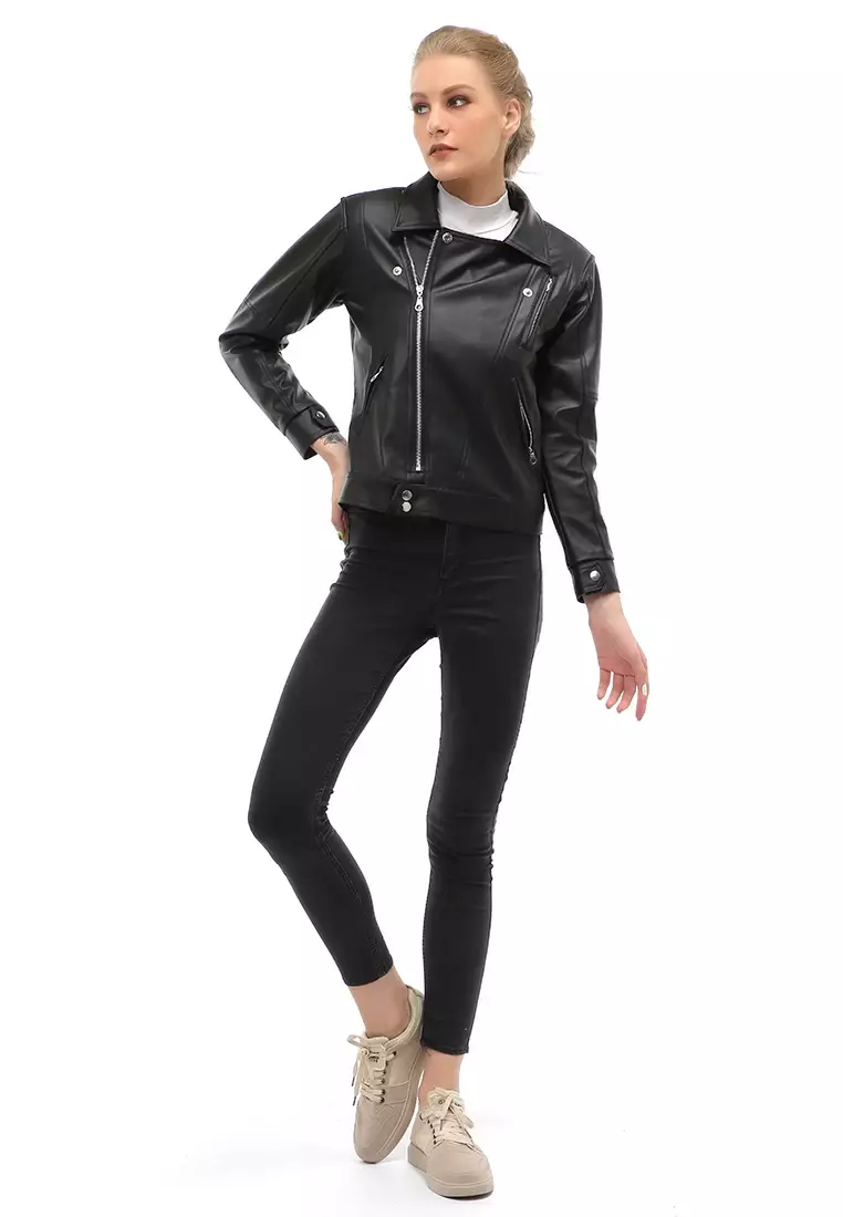 Glenice Jacket Outer Fashion Wanita Zipper Pocket Elegant Design Material Leather ORIGINAL - Black