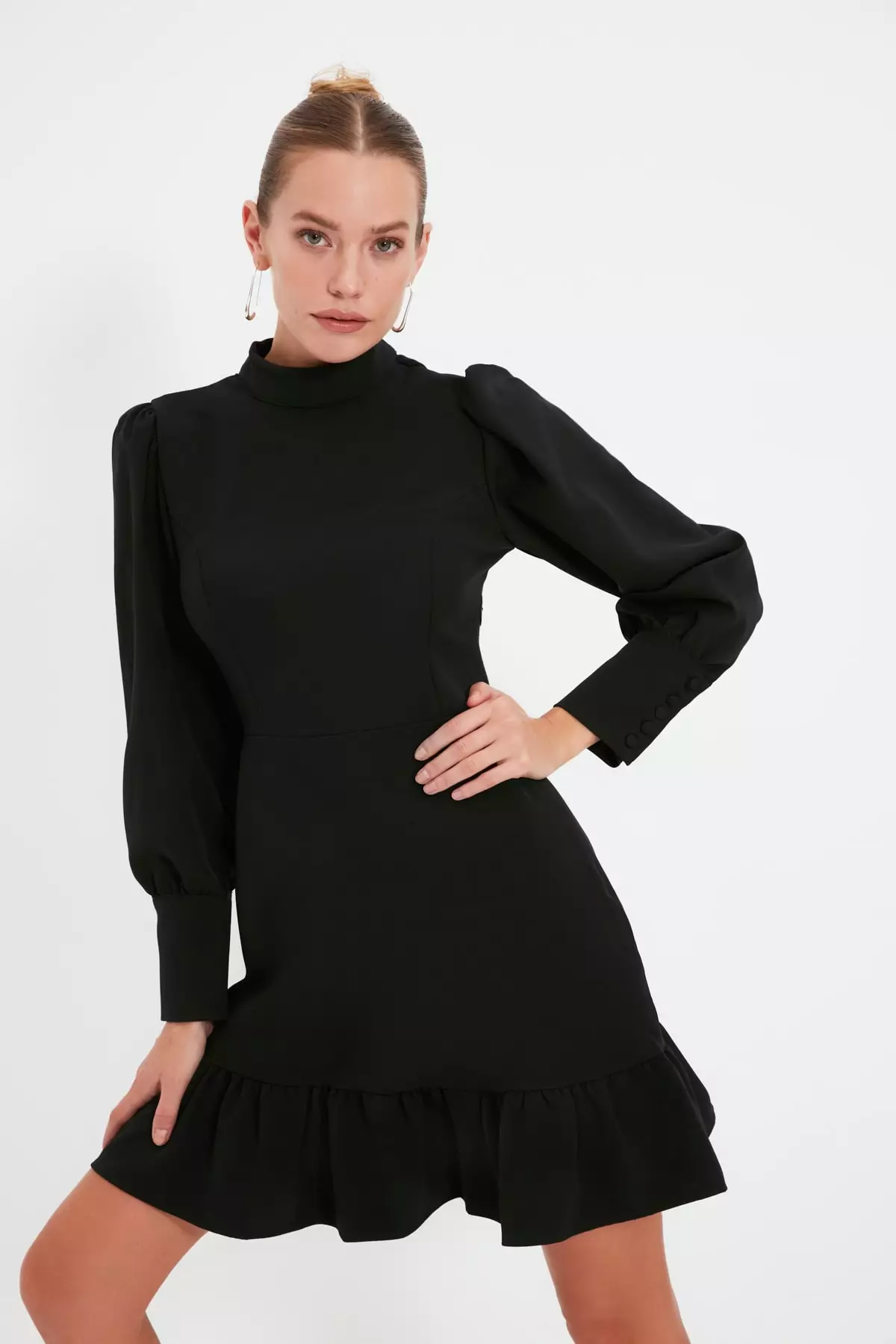 High Neck Puffed Sleeve Ruffled Dress