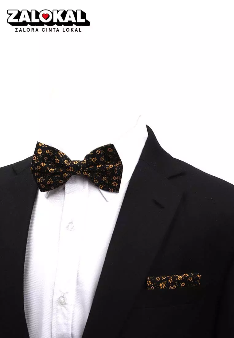 Houseofcuff Dasi Kupu Bowtie Pocket Square Saputangan Hitam Bunga A22