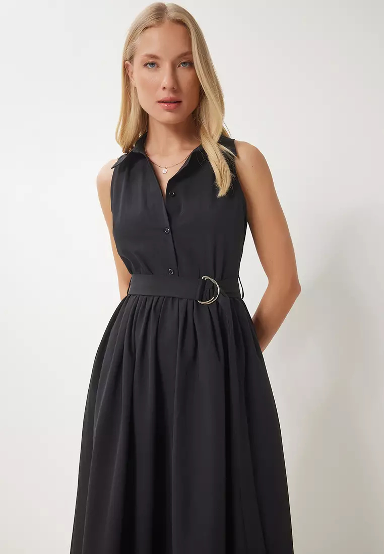 Women's Black Belted Poplin Midi Shirt Dress Ub00354
