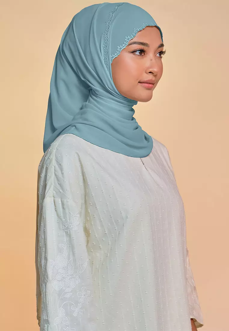 Tanuja Embroidered Scallop Headscarf - Dusty Aqua
