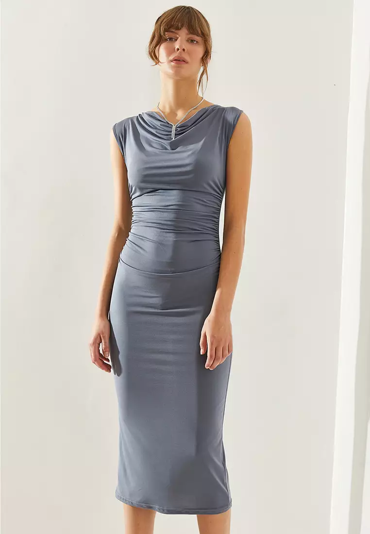 Cloudy Grey Warm Cotton Gathered Midi Dress