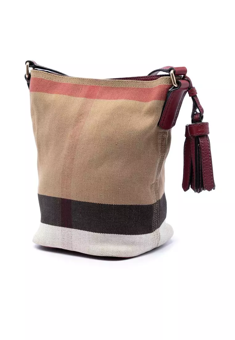 Pre-Loved Burberry Mini Mega Check Canvas Ashby Tassel Bucket Bag
