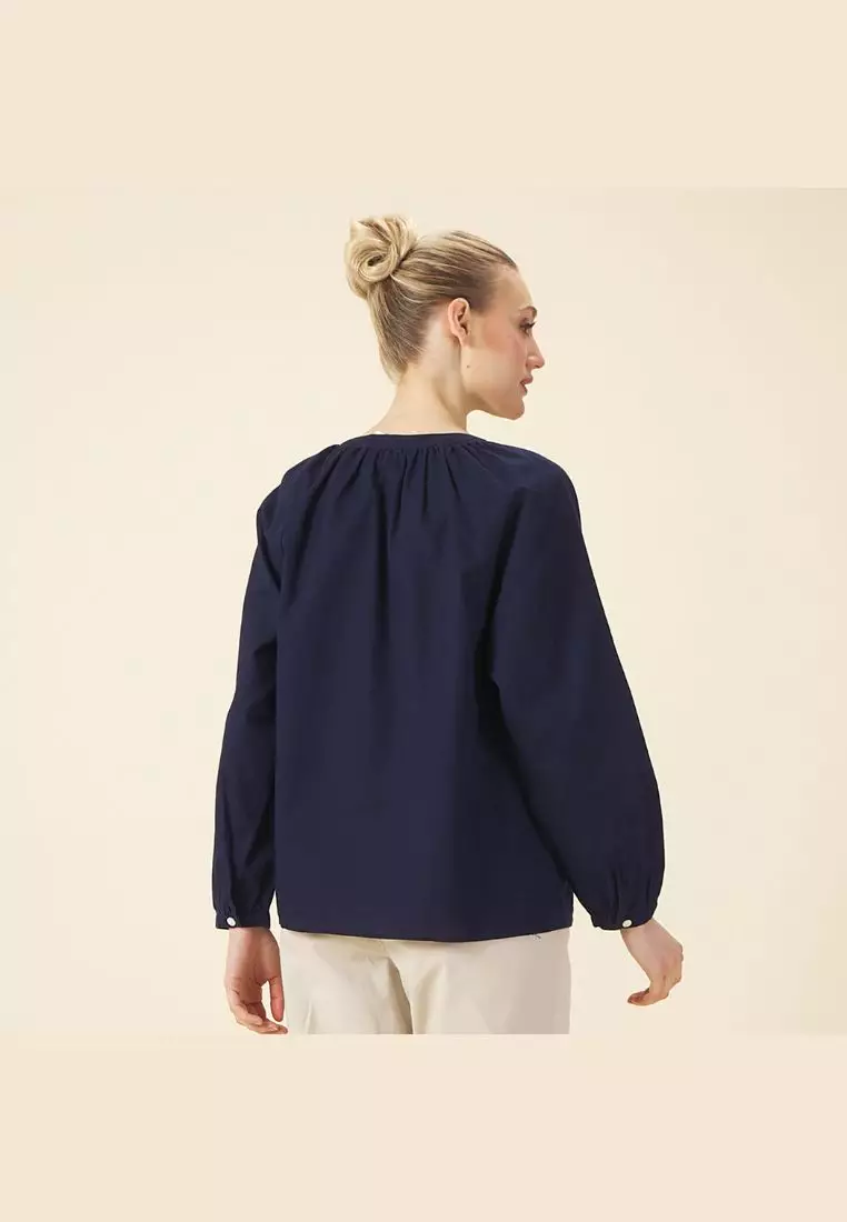 Women's Cotton Linen V-Neck Long Sleeves Loose Fit Half Placket Shirt