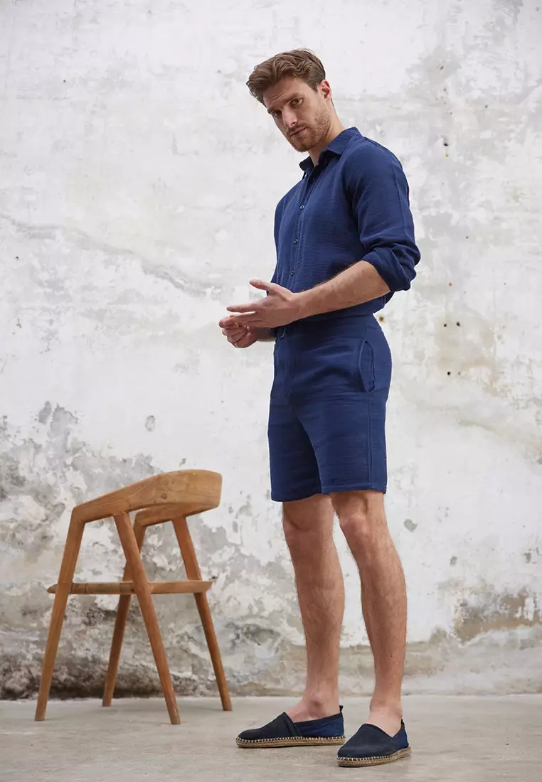 Navy Blue Regular Fit Muslin Fabric Linen Look 100% Cotton Shorts TMNSS25SR00059