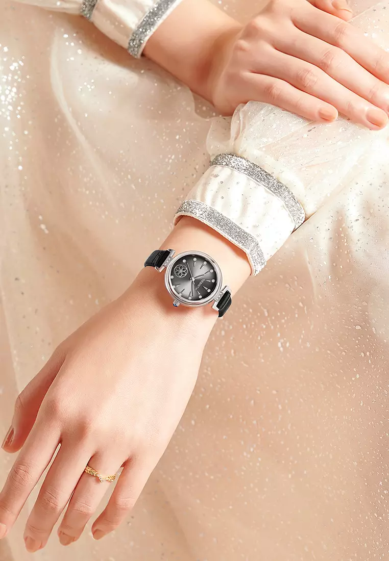 Jam Tangan Wanita Berlian Anggun Anti Air Kuarsa Tali Kulit Gaya Korea Jam Tangan Cewek warna hitam