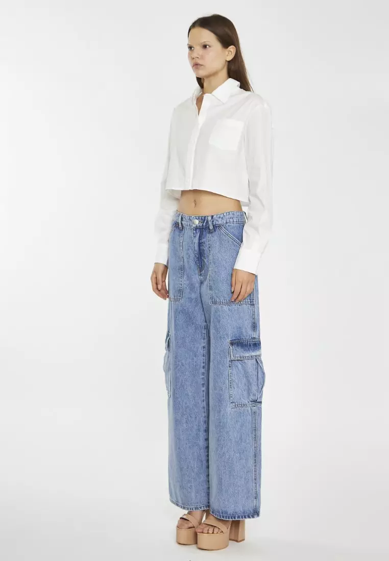 White Long Sleeve Collared Crop Shirt