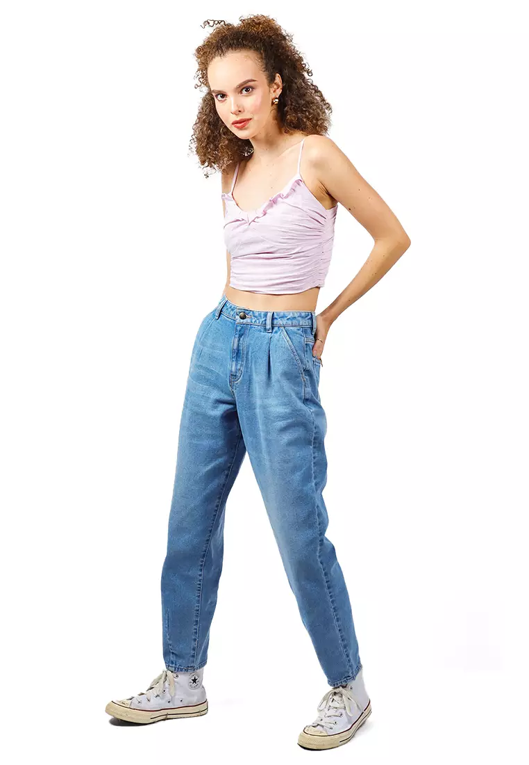High Waisted Balloon Fit Denim Jeans with Pleats