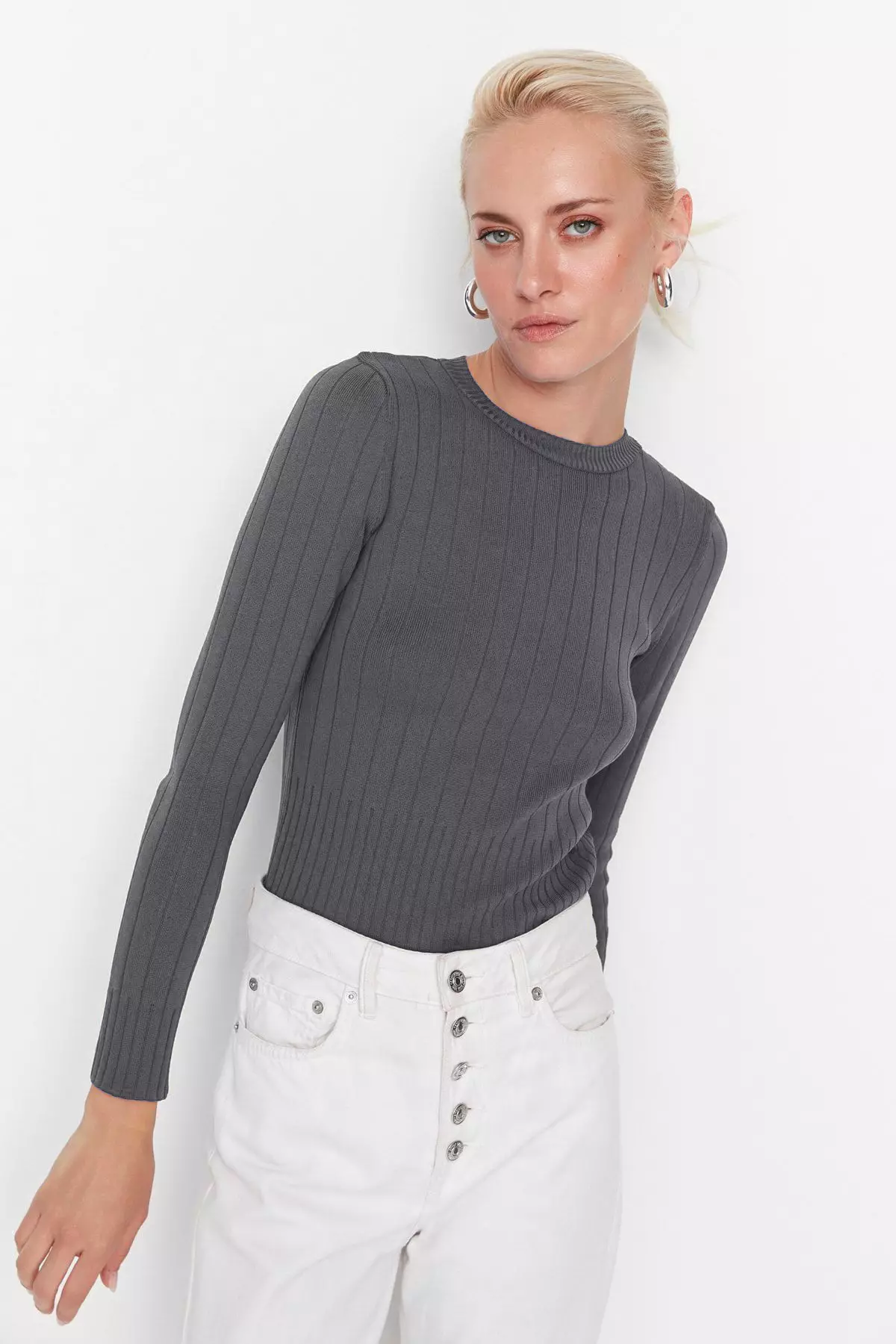 Anthracite Basic Crew Neck Knitwear Sweater