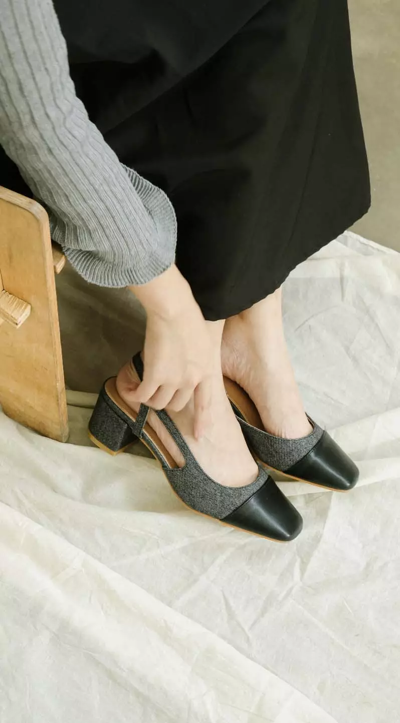 Jenna Denim Sling Back Square Toe Block Heels