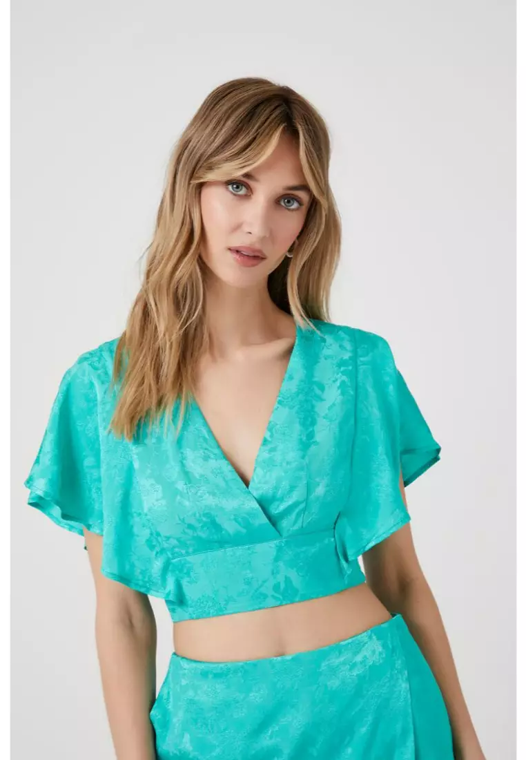 Buy FOREVER 21 Satin Jacquard Surplice Crop Top 2024 Online