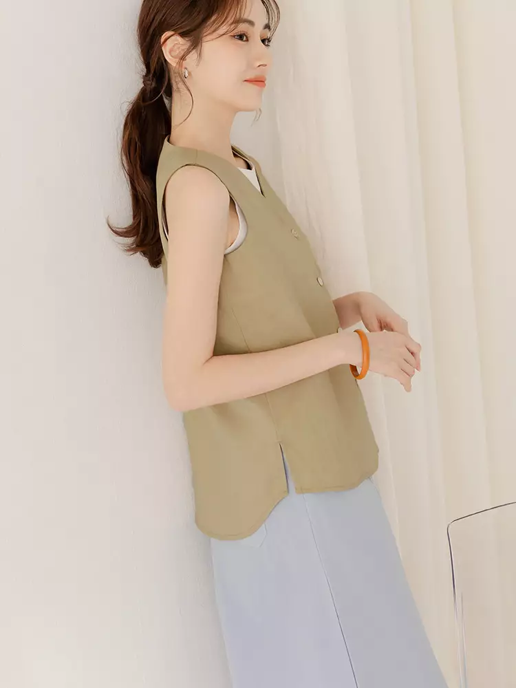 OBSTYLE Solid Color V-Neck Button-Down Vest Top [AB19429
