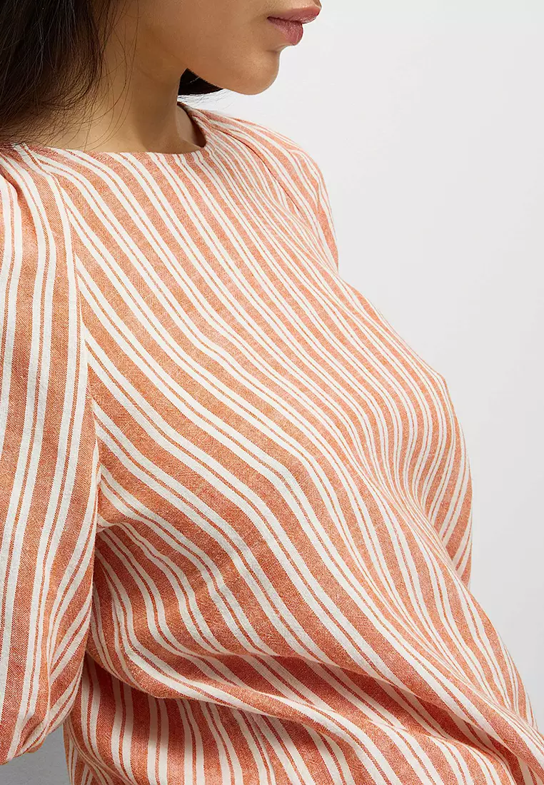 Linen Rich Striped Puff Sleeve Blouse