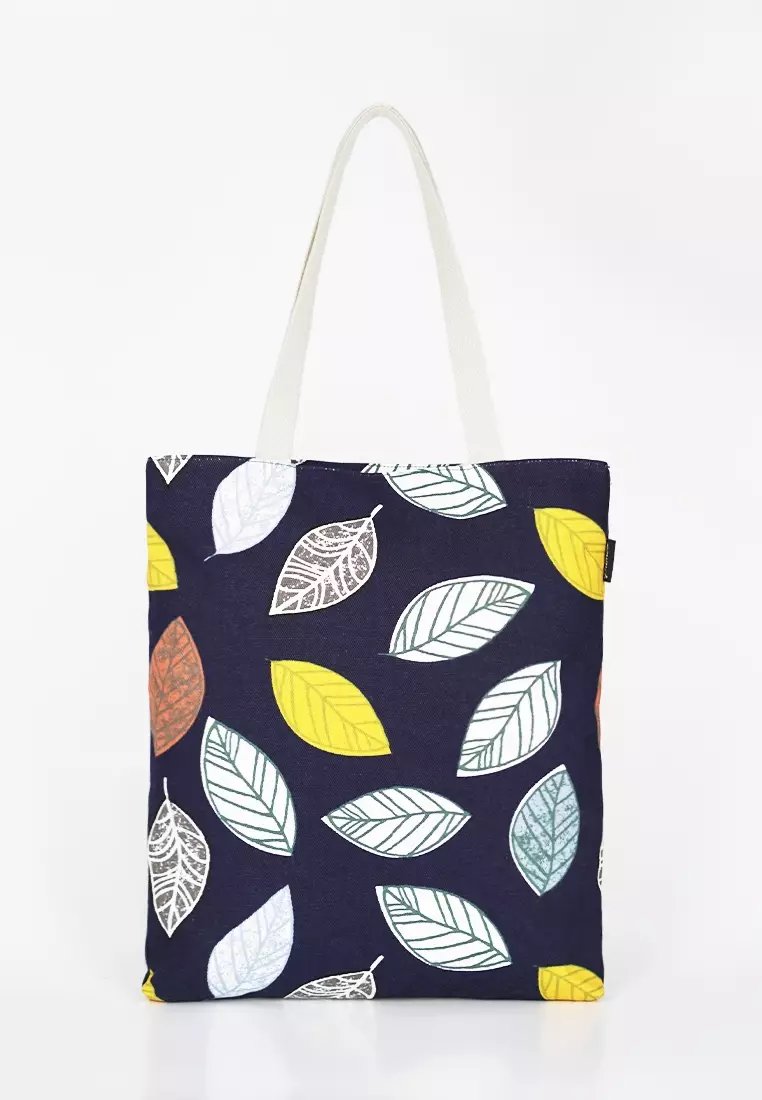 Tas Tote Bag Wanita Bahan Kanvas Motif - Navy Leaf