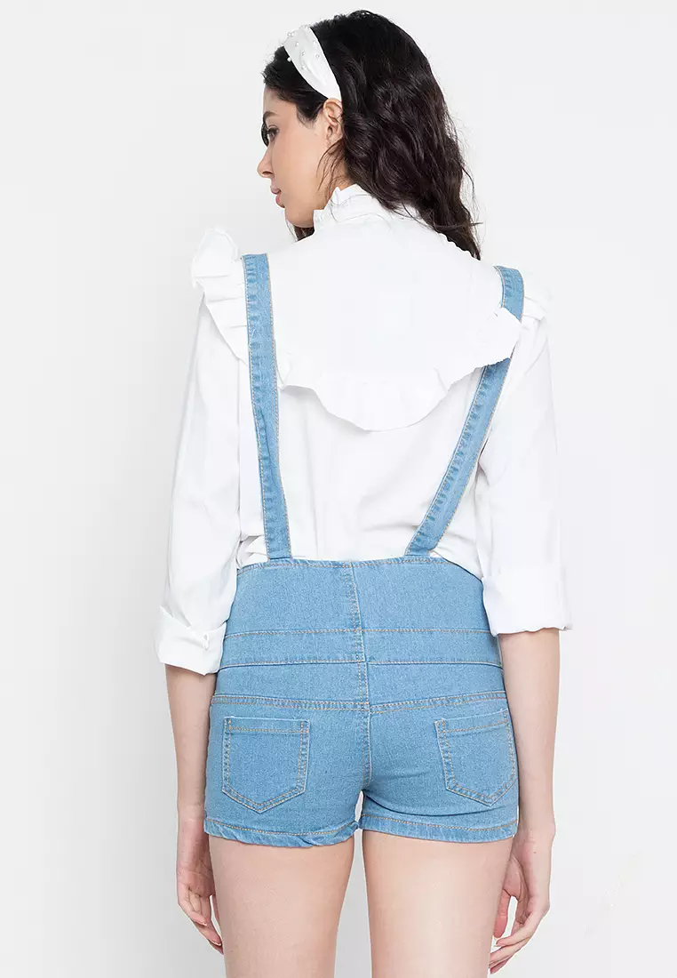 Classic High Waist Denim Suspender Shorts
