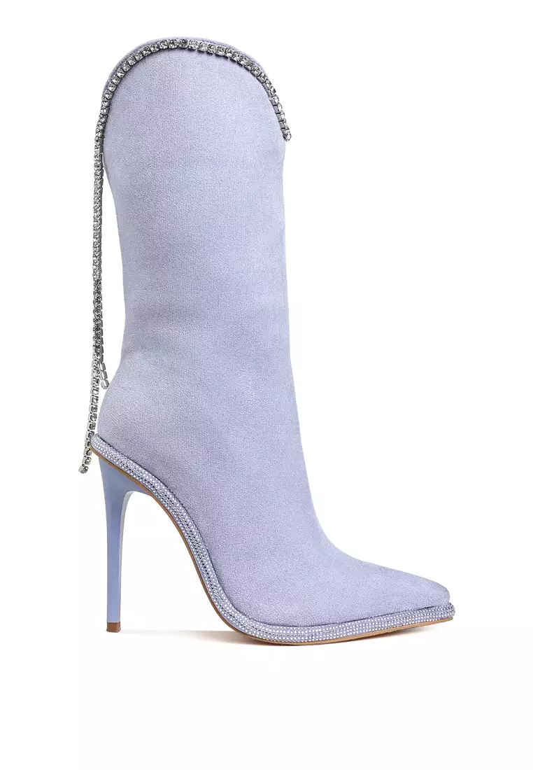 Diamante Chain Detail Calf Boots in Lilac