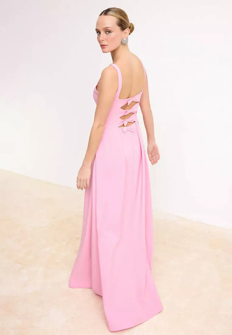 Light Pink Plain A-Line Bow Woven Finike Maxi Evening Dress & Graduation Dress