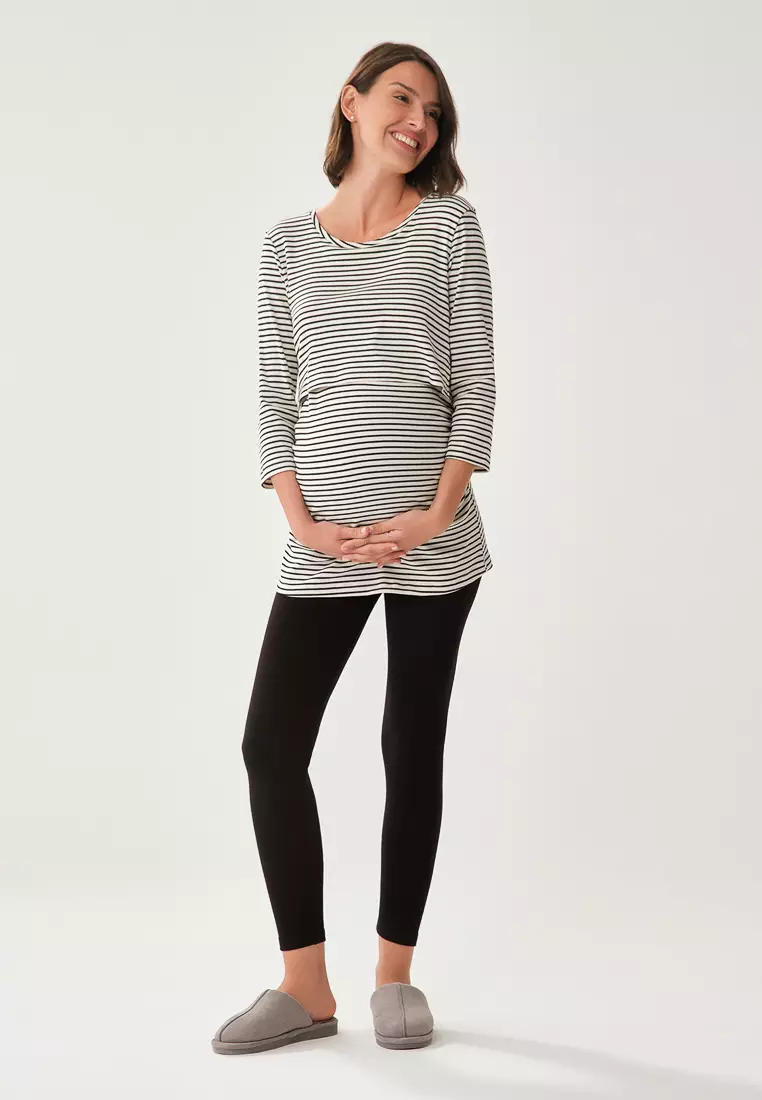 Black Maternity T-Shirt, Striped, Crew Neck, Normal Fit, Loungewear for Women