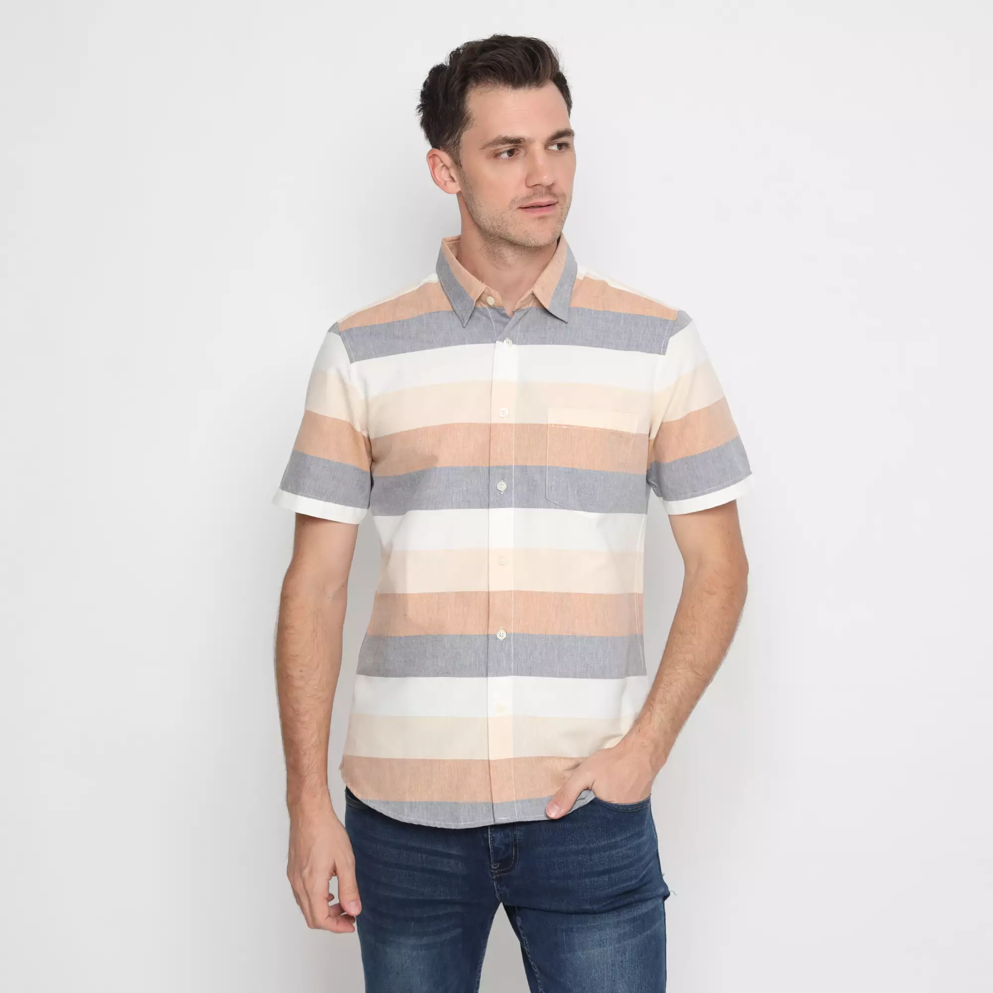 Platini Kemeja Salur Pria Lengan Pendek Katun Krem 73426