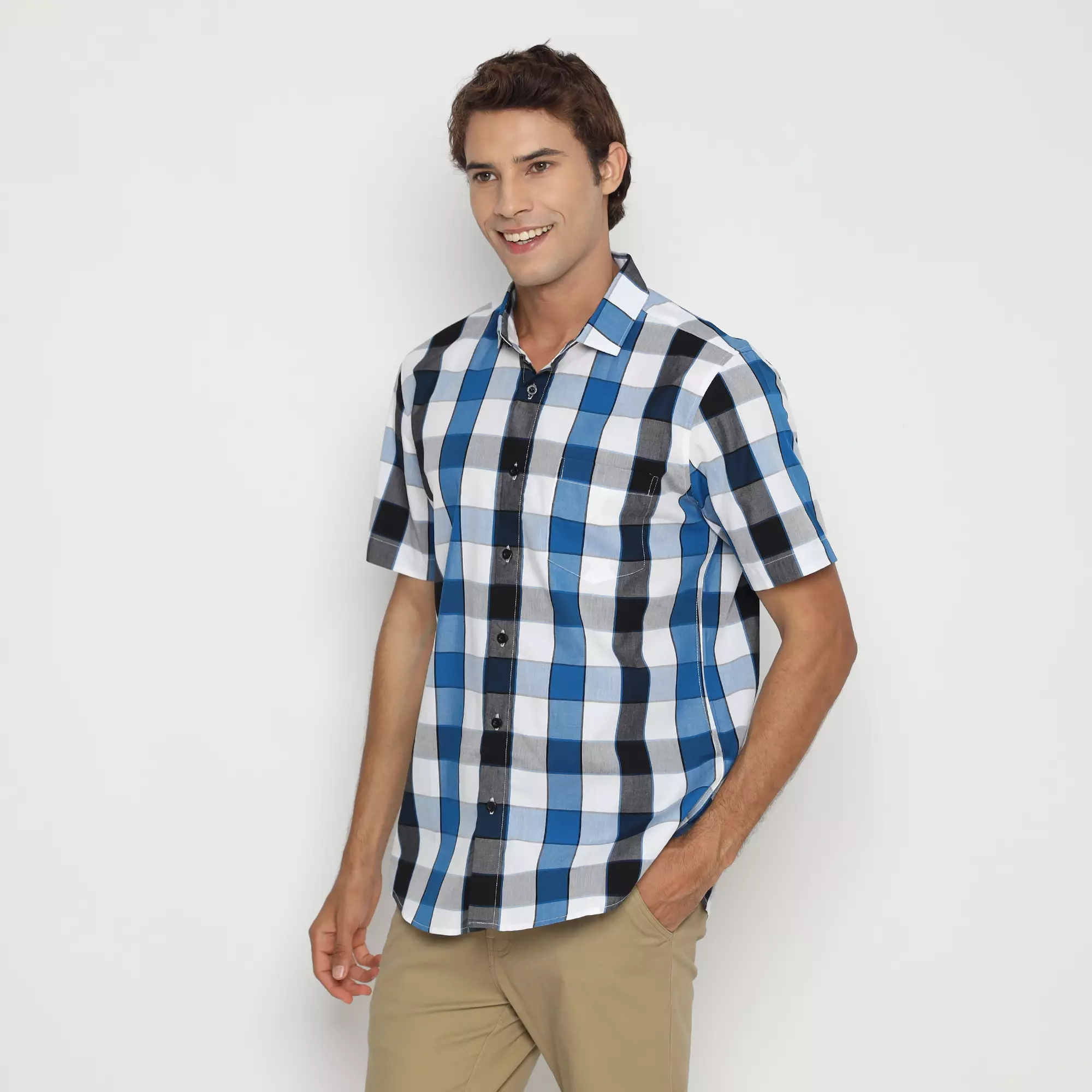 Platini Kemeja Motif Pria Lengan Pendek Katun Biru 73474