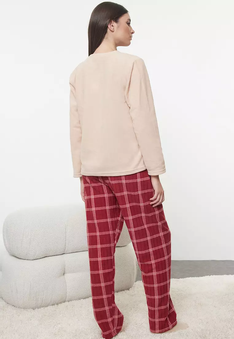 Salmon Plaid Christmas Themed Polar Fleece Winter Knitted Pajama Set Thmaw25Pt00137