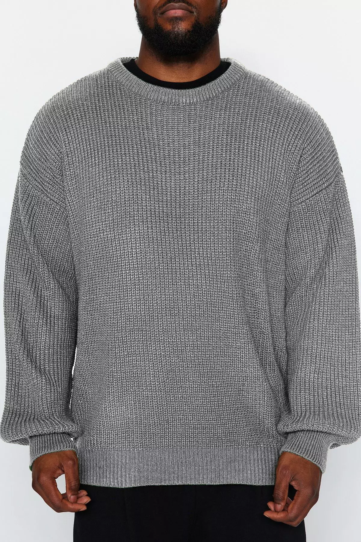Men's Oversize Gray Knitwear Sweater - Crew Neck, Plus Size Tmnaw24An00001