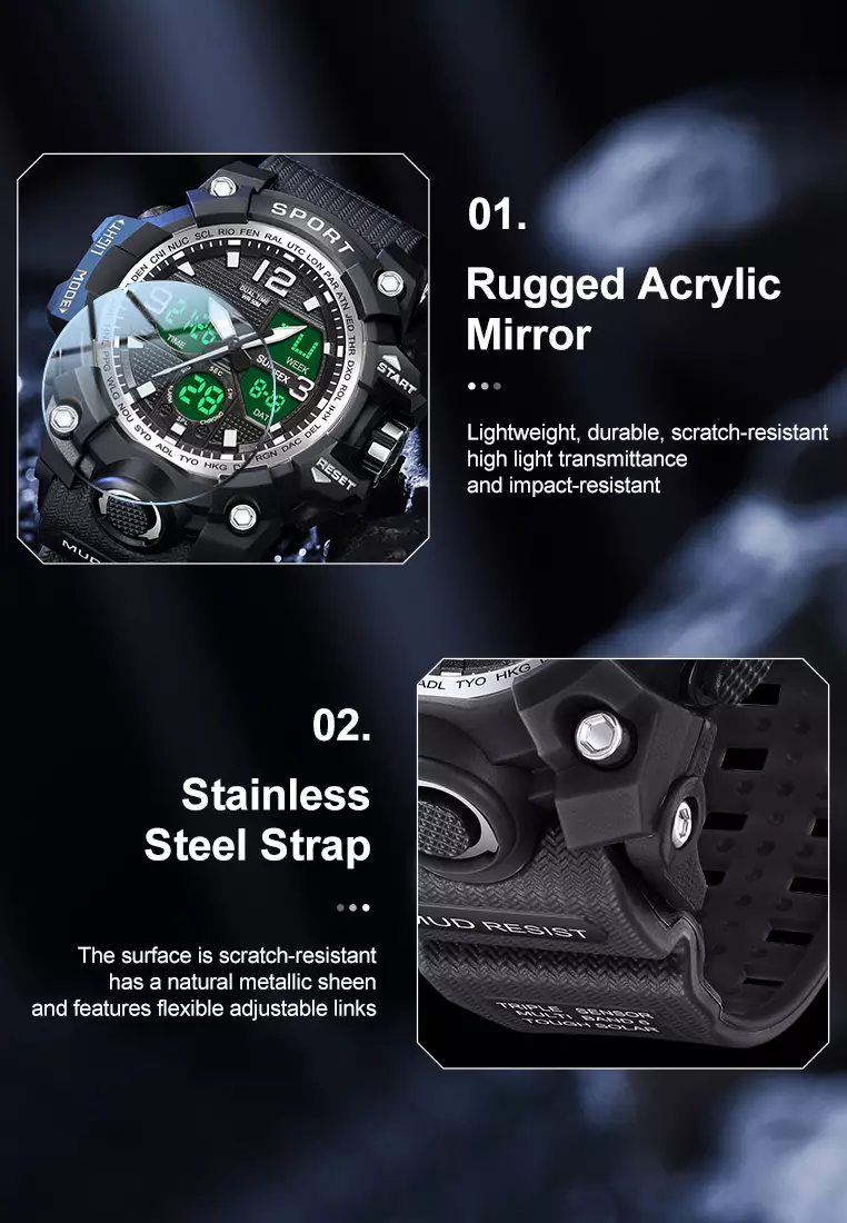 Jam Tangan Pria Digital D008 Multifungsi Alarm Olahraga Bercahaya Analog Jam Tangan Cowok silver