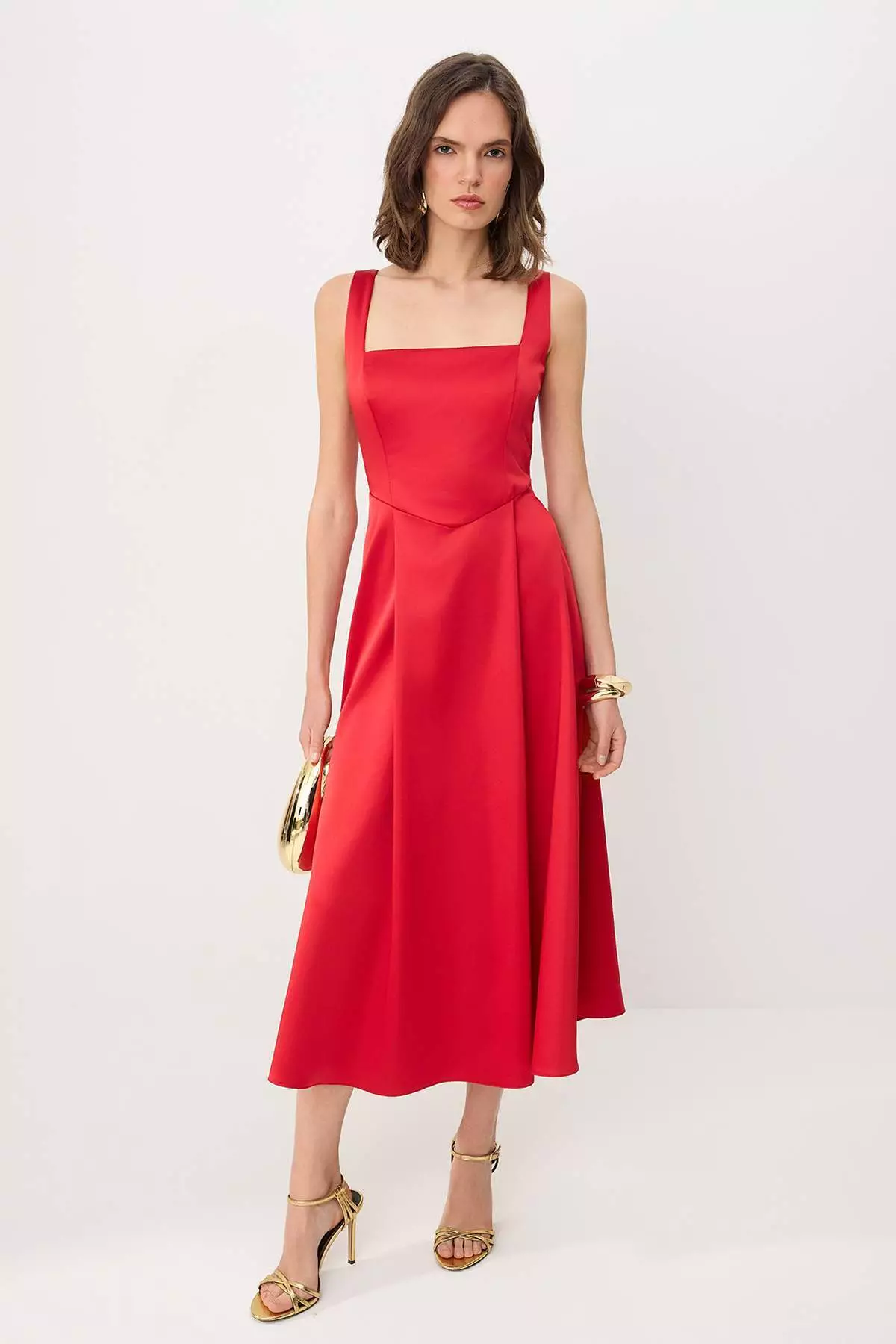 Red Straight Skirt With Open Waistline, Woven Satin Midi, Unlined, Stylish/Evening Dress