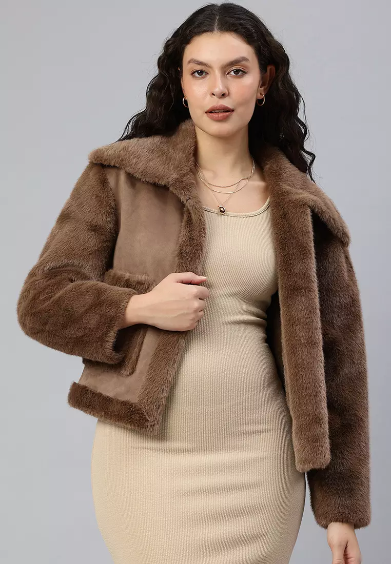London Rag Unisex Faux Fur Jacket in Chocolate