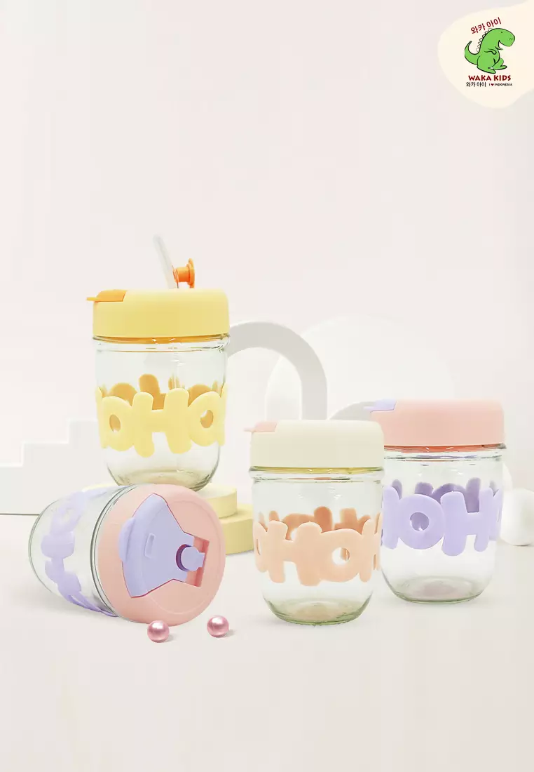 Wakakids Botol Minum Gelas Kaca Tumbler Cup Aesthetic Motif Hoho Free Sedotan Kaca 350ml Venjr Kuning