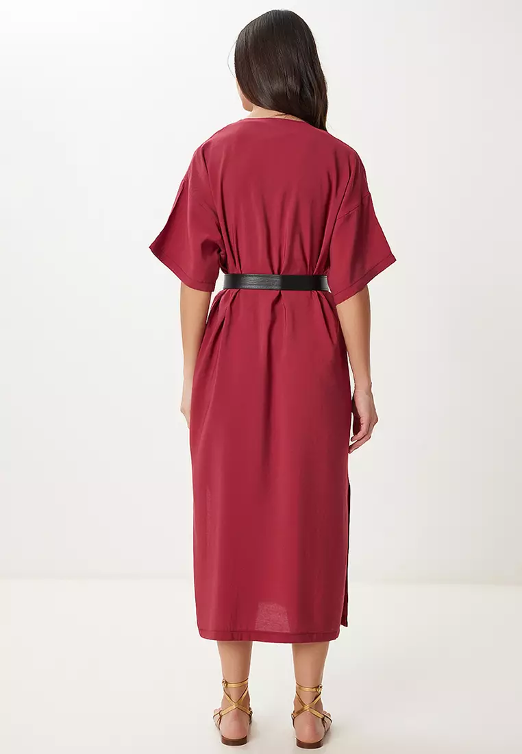 Women's Burgundy Belted Slit Summer Modal Dress No00028