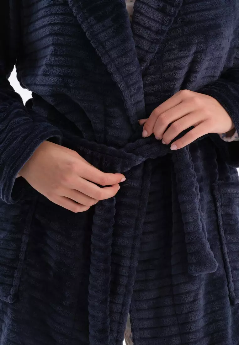 Navy Christmas Dressing Gown, Shawl Collar, Regular Fit, Long Sleeve Sleepwear for Women
