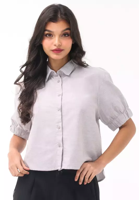 Plain Oxford Short Sleeve Collared Blouse