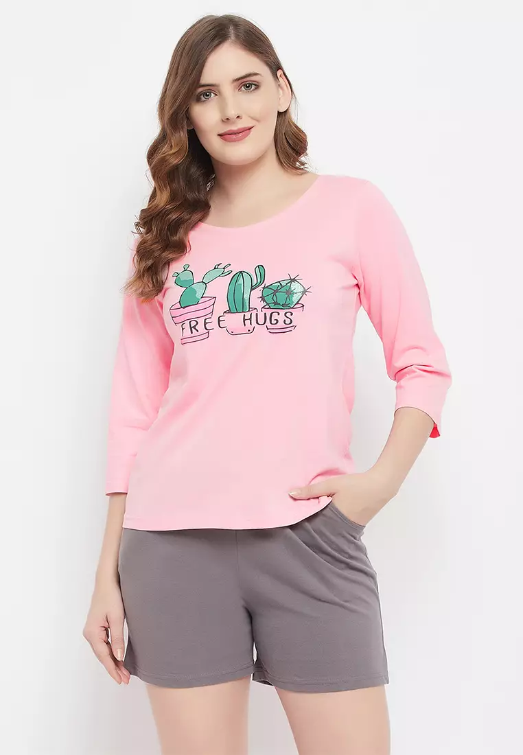 Clovia Cactus Print Top in Baby Pink & Chic Basic Shorts in Grey - 100% Cotton