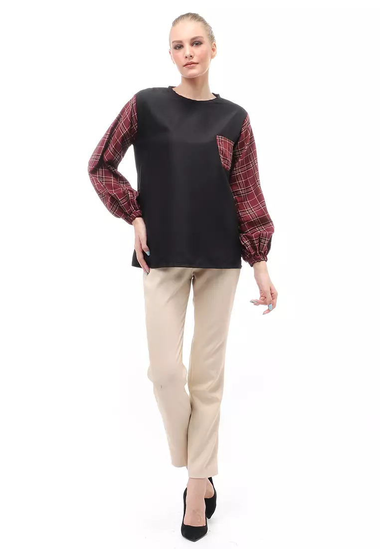 Shana Blouse Dual Tone Color Lengan Puff Atasan Wanita - Garnet