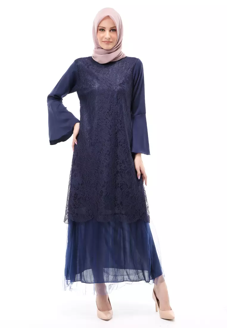 Regita Gamis Brukat Muslimah Wanita Long Dress Regular Fit - Navy
