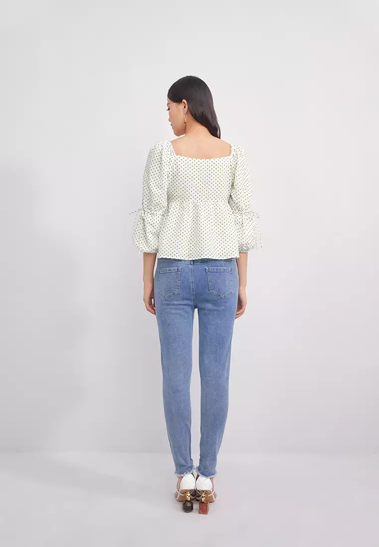 Puff Sleeve Ruched Polka Dot Top