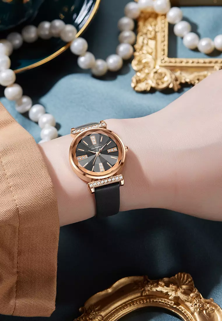 Jam Tangan Wanita Berlian Anggun Gaya Antik Tali Kulit Original Jam Tangan Cewek 8008 allblack