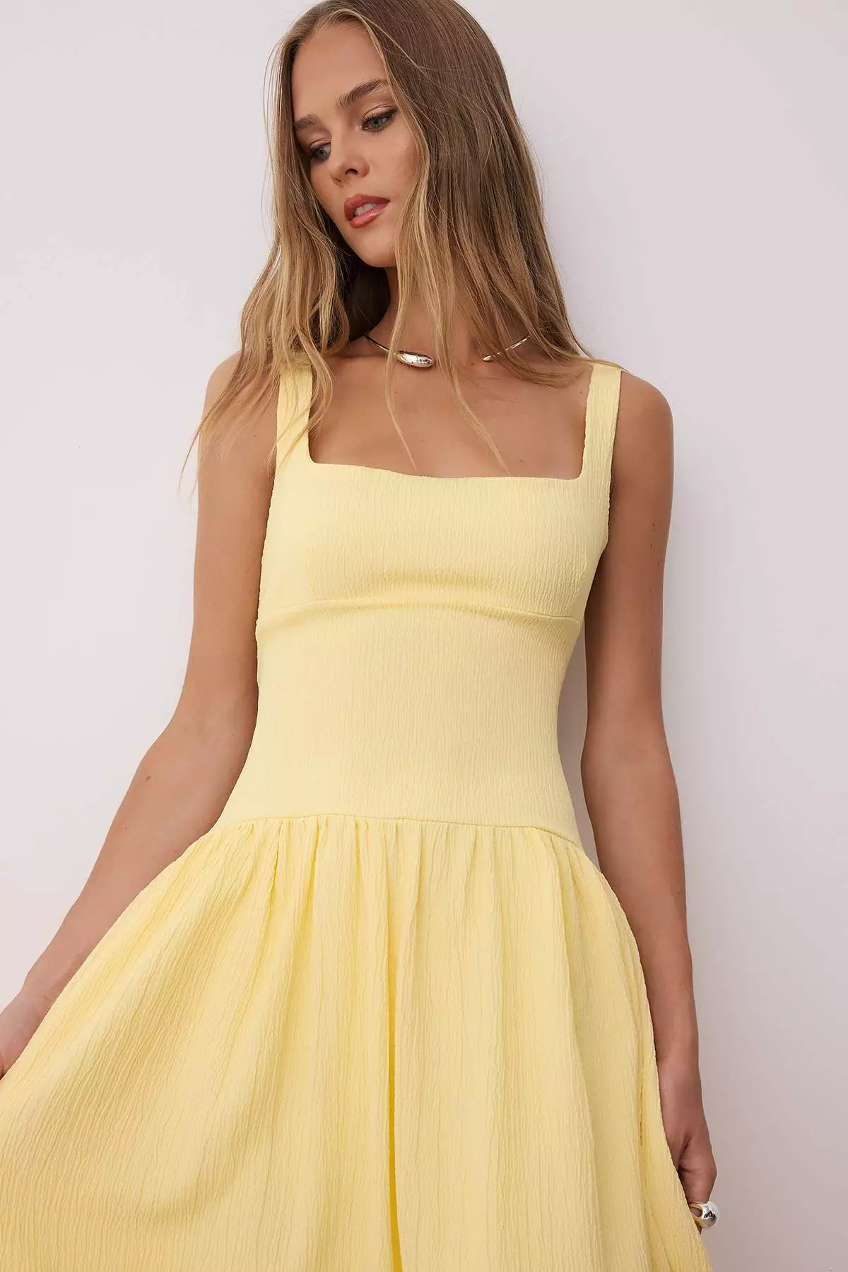 Yellow Special Fabric Corset-Look Backless Woven Skirt Wide Midi Dress Twoss25El00882