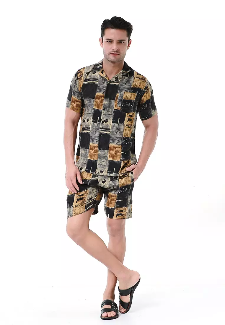 Deon Piyama Pria Kemeja One Set Lengan Pendek AbstrackDZ Motive Material Rayon ORIGINAL - Black Brown