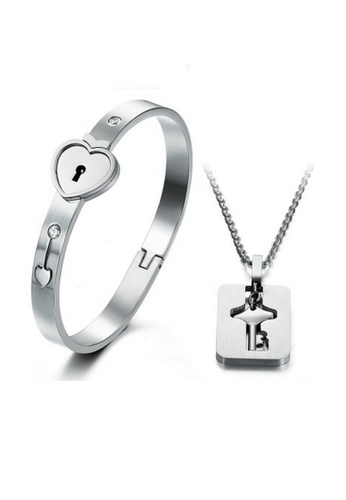 Elfi silver Original Triumph In The Skies 2 Heart Lock Bangle Bracelet For Couple EL186AC76YCDMY_1