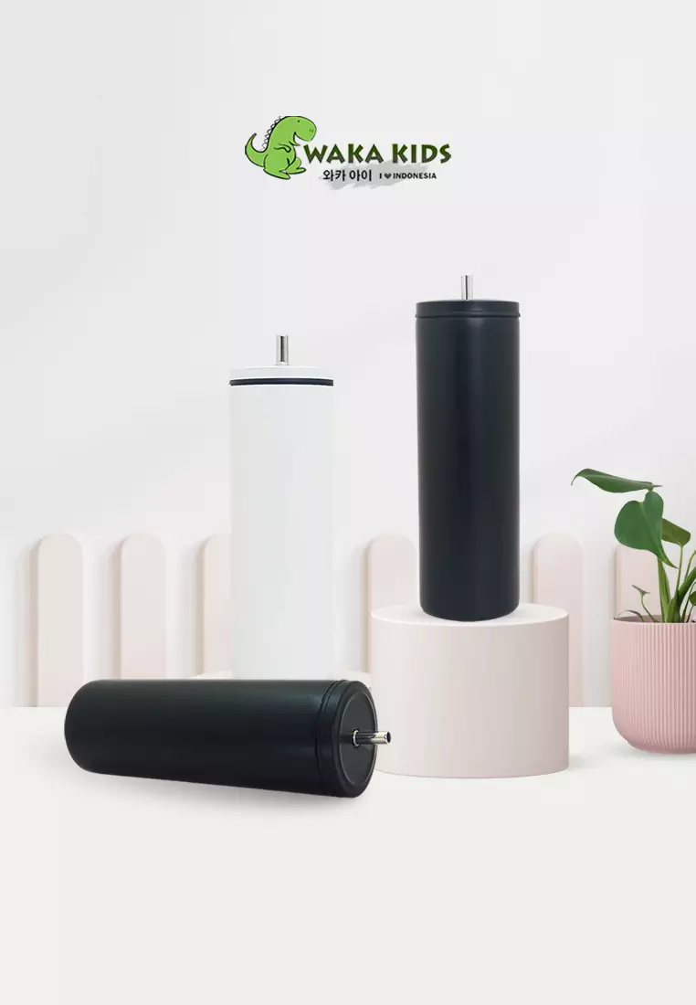 Wakakids Termos Coffee & Tea Stainless Steel Tumbler Mug Simple Polos Free Sedotan 600ml K4039 Venrc Hitam
