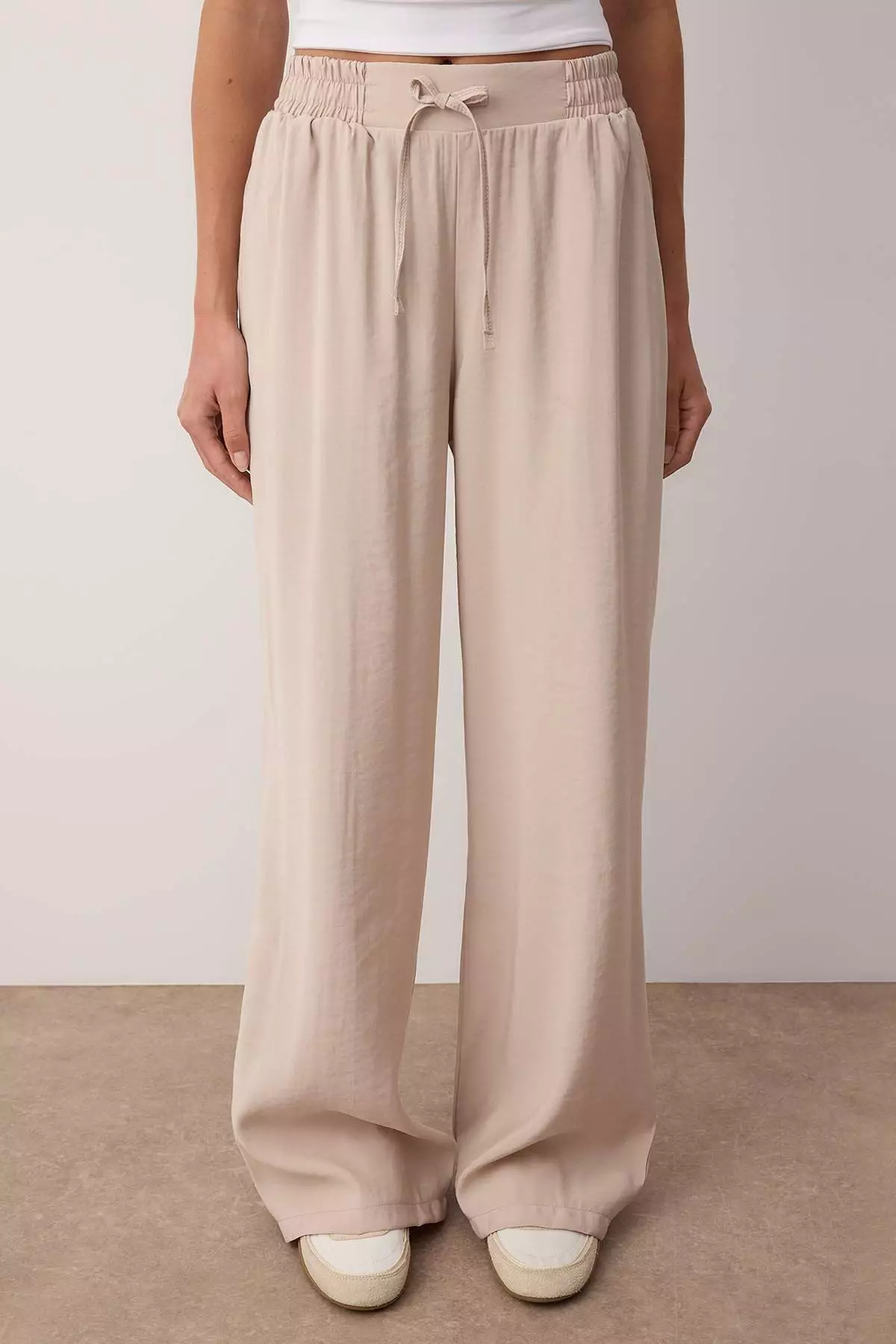 Beige Modal Elastic Waist Wide Leg Pants