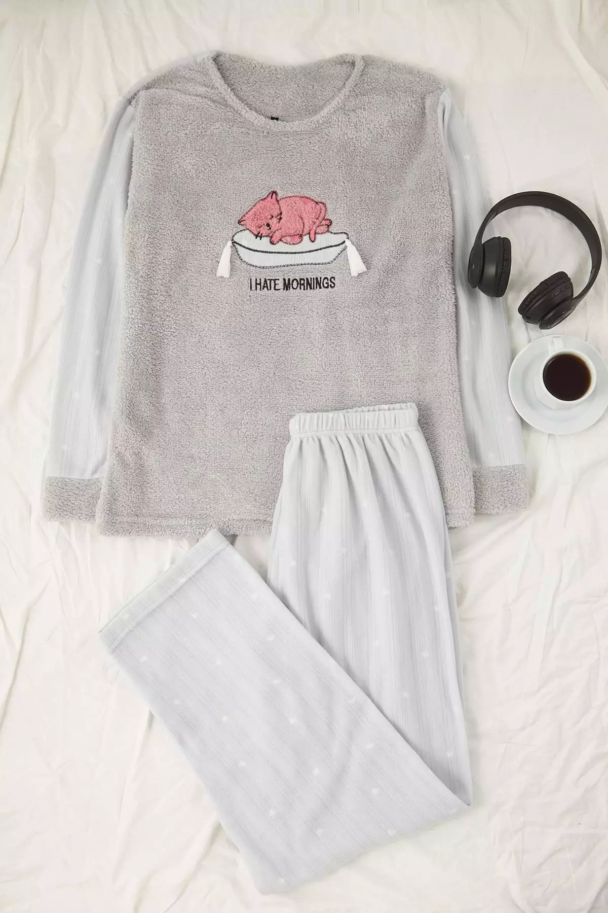 Gray Cat Printed Polar Fleece Plus Size Pajama Set