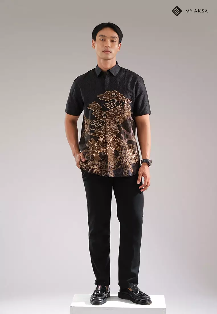 My Aksa Kemeja Batik Pria Lengan Pendek Mahaveer Black