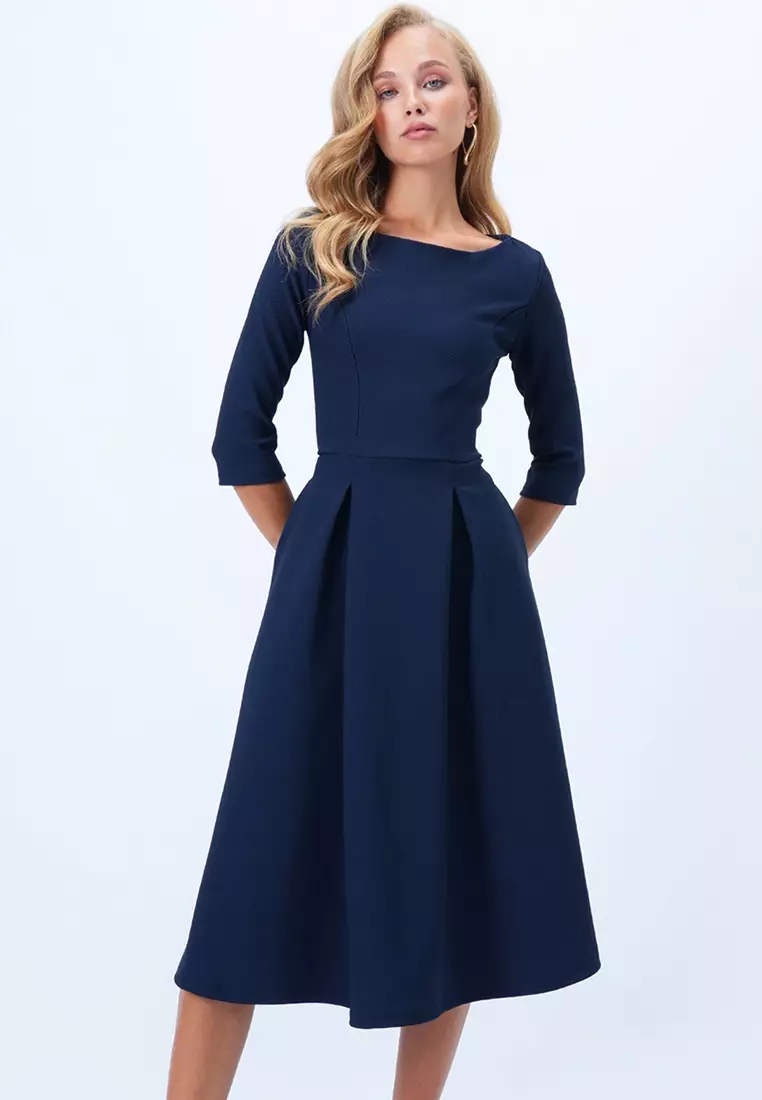 Boat Neck Flared Midi Dress