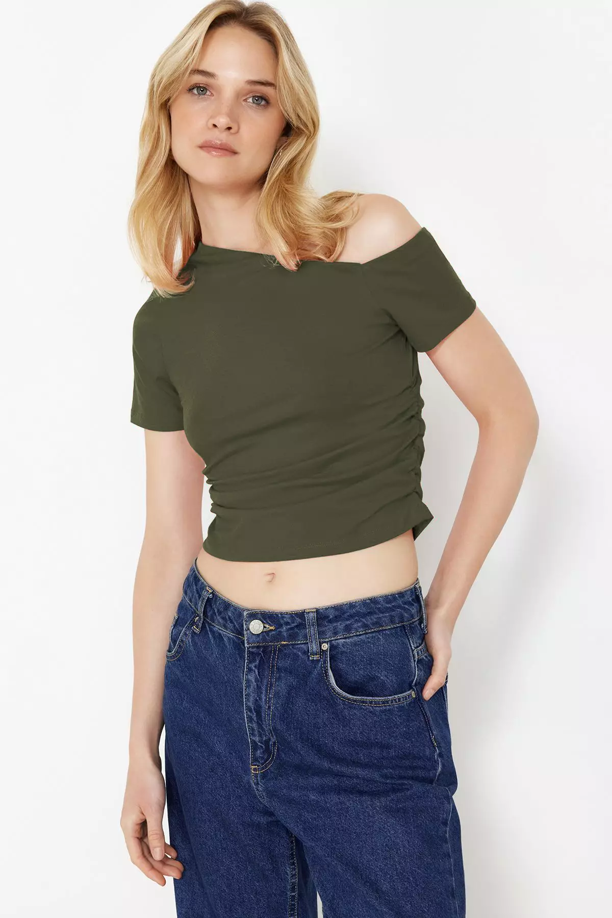 Khaki Pleated Asymmetric Collar Flexible Knitted Blouse
